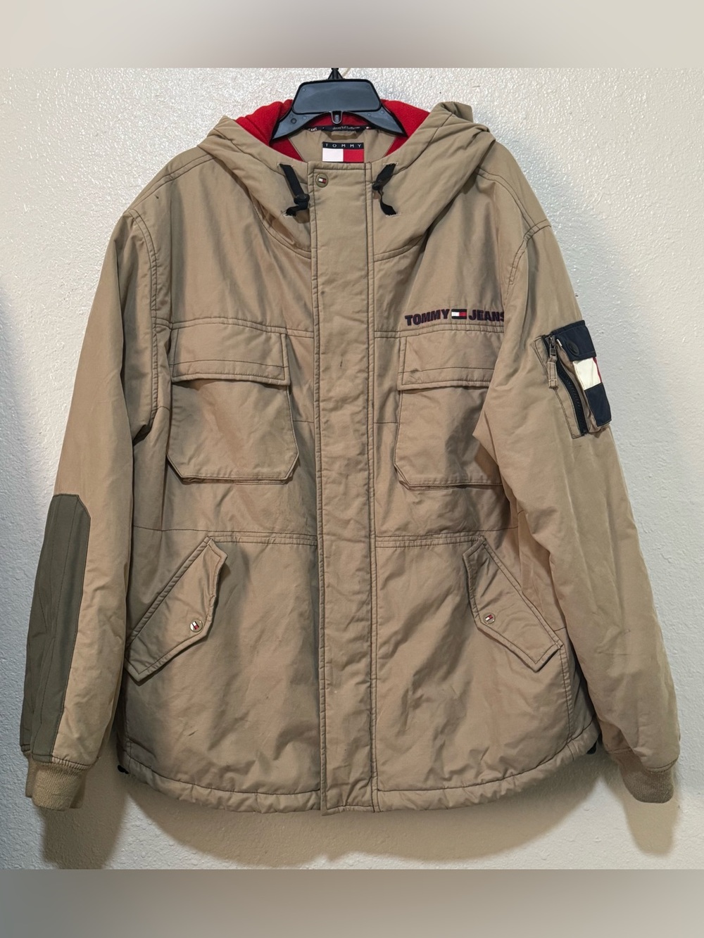 Vtg. Y2K Tommy Jeans Hilfiger M XXL Tan/Red Field Utility Fleece Lined Hood Coat